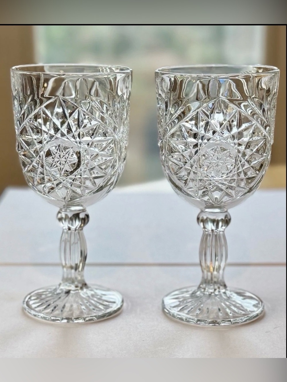 Vintage Libbey Hobstar Clear Cut-Glass Star Burst Wine/ Water Goblet ~ Set of 2
